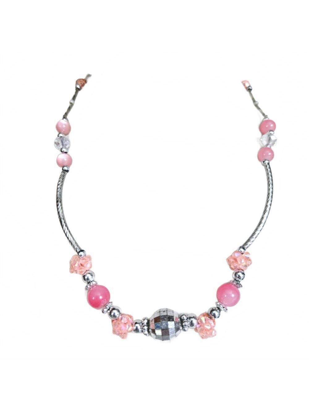 Pink Silver Tone Disco Ball Beaded Girlhoodcore Single Strand Necklace